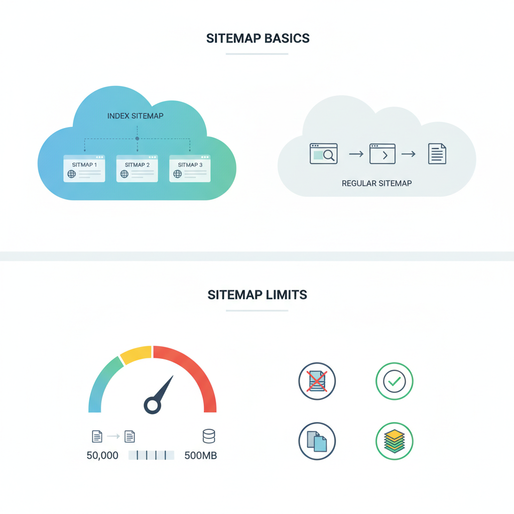 Sitemap basics: index vs regular sitemap, sitemap limits illustration
