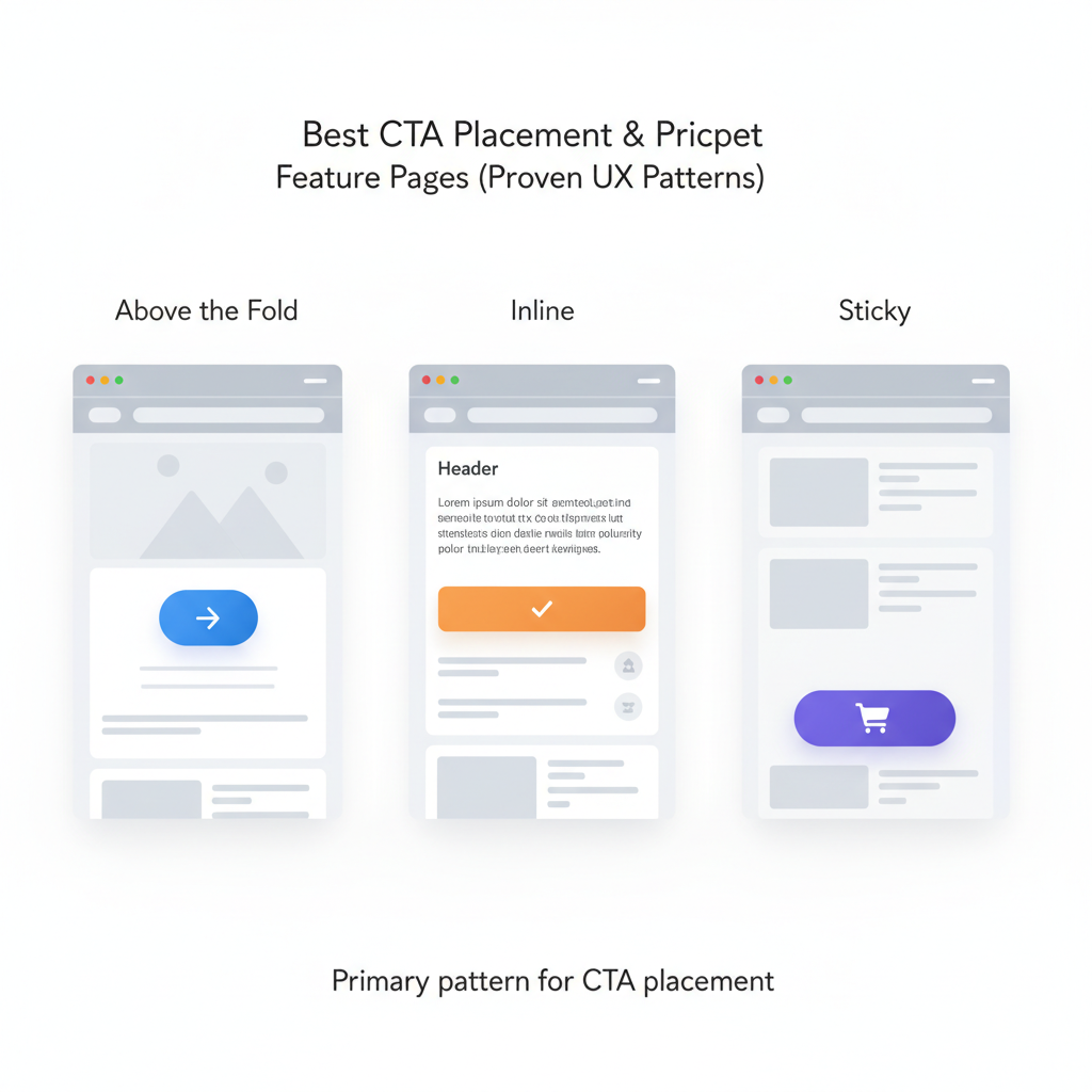 Primary patterns for CTA placement (above the fold, inline, sticky) illustration