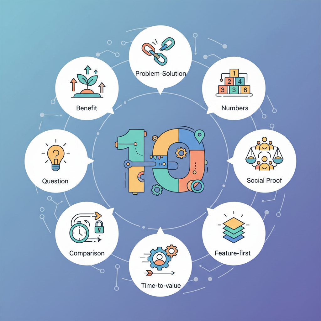 The 10 tested headline formulas (Benefit, Problem-Solution, Numbers, Social Proof, Question, Scarcity, Comparison, Time-to-value, Role-based, and Feature-first) illustration