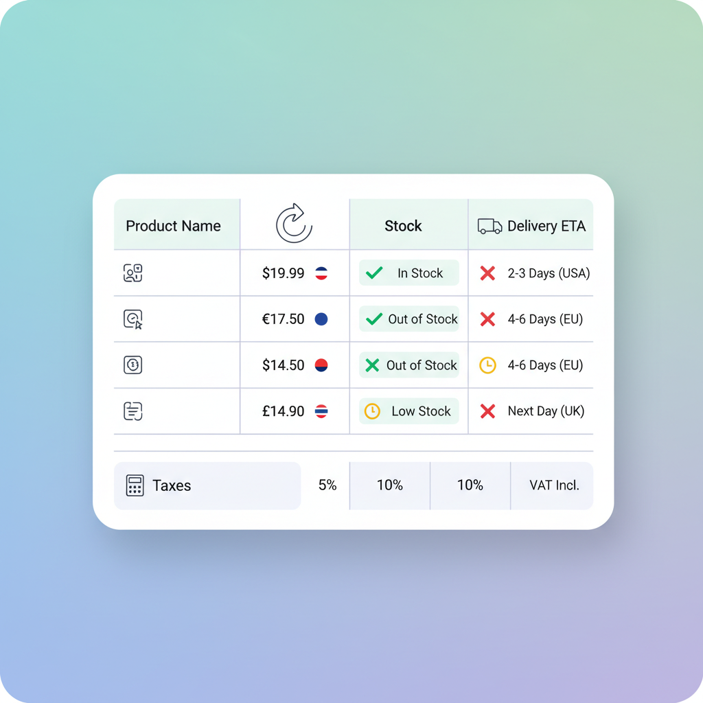 Key localization fields to include (currency, stock status, delivery ETA, taxes) illustration
