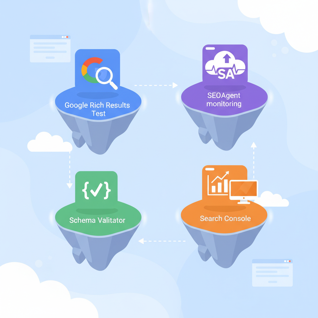 Tools to use: Google Rich Results Test, Schema Validator, Search Console, and SEOAgent monitoring illustration