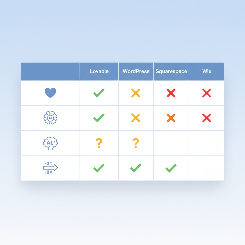 Quick comparison snapshot (table): Lovable vs WordPress vs Squarespace vs Wix illustration
