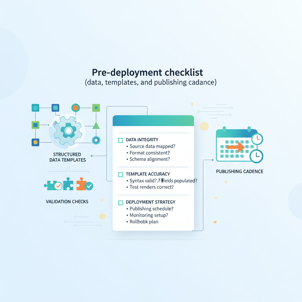 Pre-deployment checklist (data, templates, and publishing cadence) illustration
