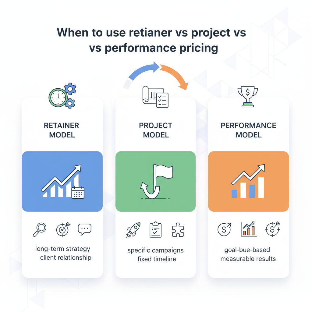 When to use retainer vs project vs performance pricing illustration