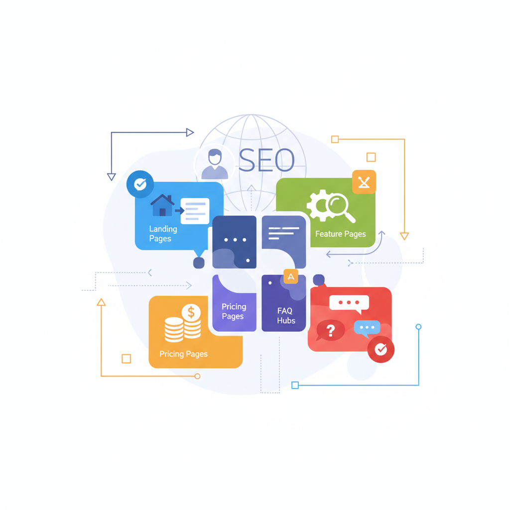 Template types: landing pages, feature pages, pricing pages, FAQ hubs illustration