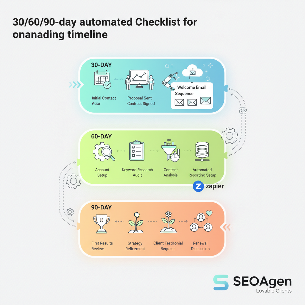 30/60/90-day automated onboarding timeline illustration