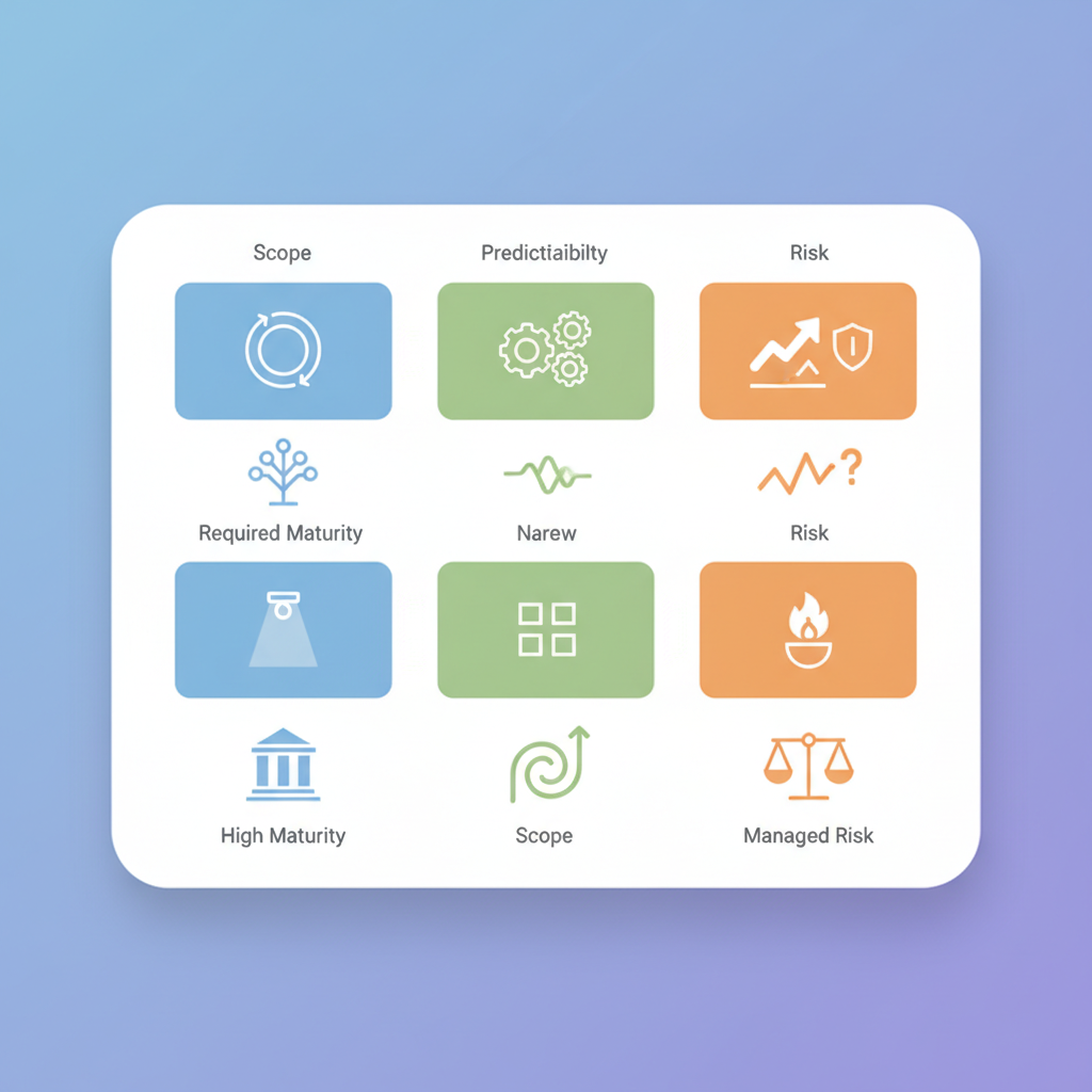 Comparative matrix (scope, risk, predictability, required maturity) illustration