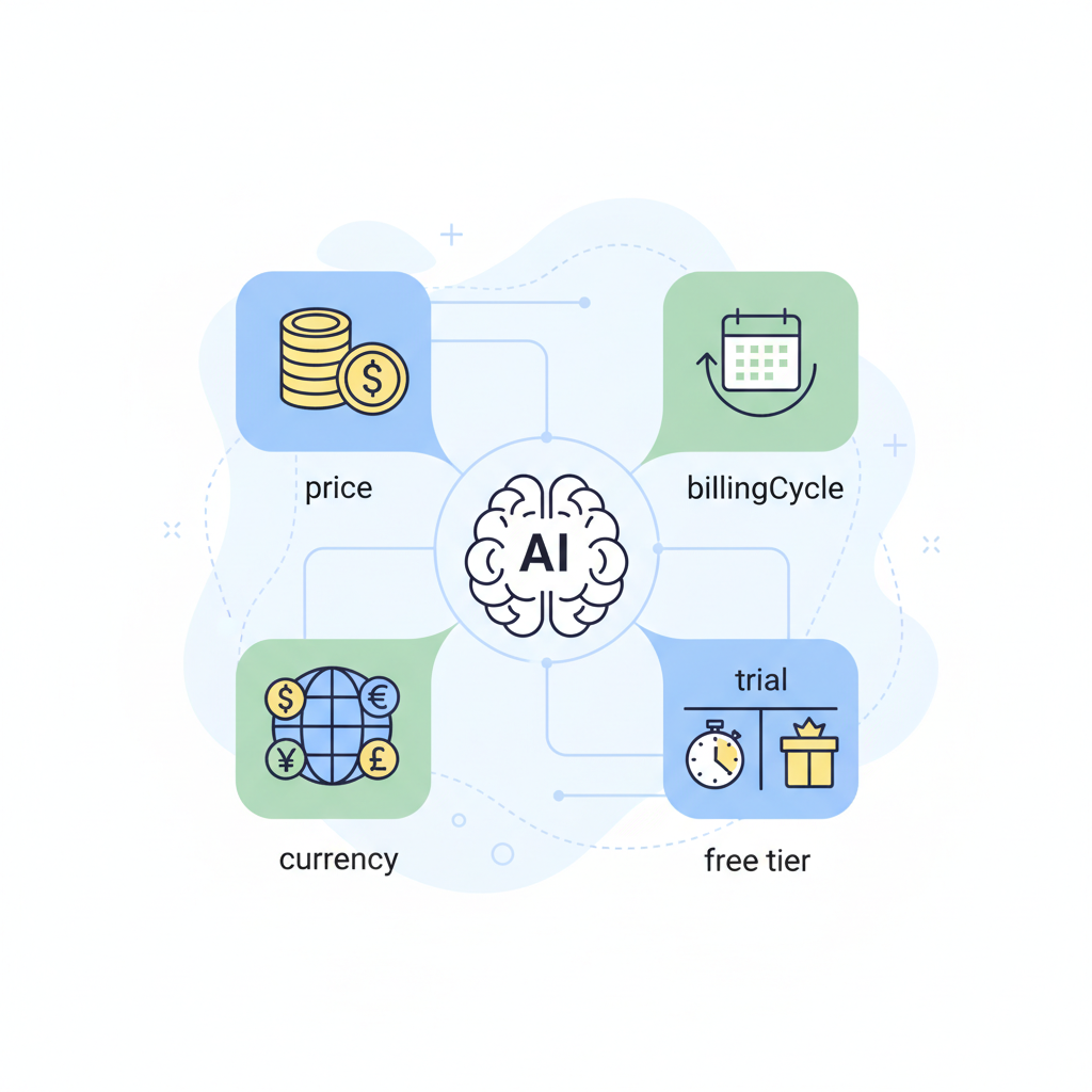 Signals AI uses on pricing pages (price, billingCycle, currency, trial, free tier) illustration