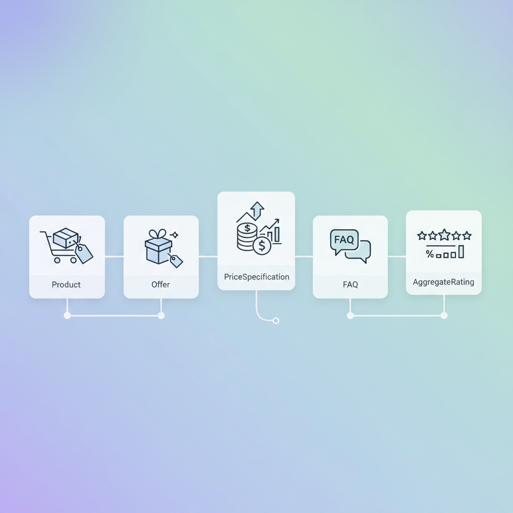 Which schema types to use (Product, Offer, PriceSpecification, FAQ, AggregateRating) illustration