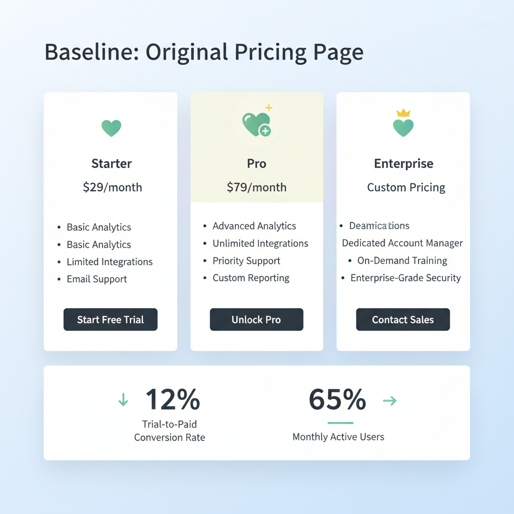 Baseline: what the original pricing page looked like and performance metrics illustration