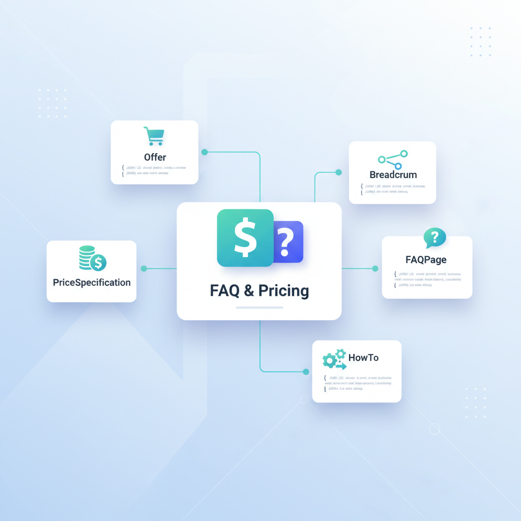 Essential schema types for pricing pages (Offer, PriceSpecification, FAQPage, HowTo, Breadcrumb) illustration
