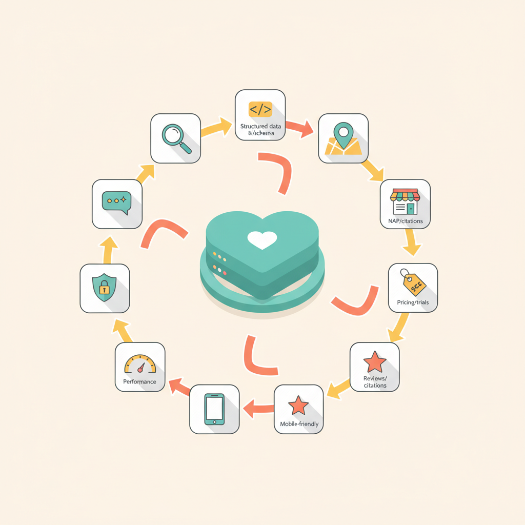 Isometric infographic showing a heart-shaped website hub linked to icons for audit, schema, NAP, pages, pricing, reviews, mob