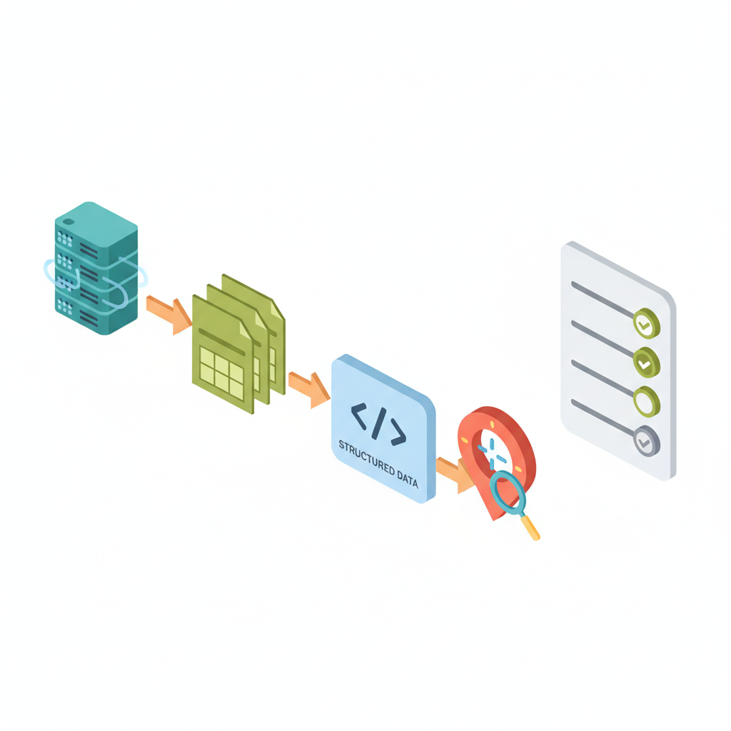 Isometric diagram showing server → sitemap → structured-data block → map pin flow illustrating local SEO setup steps.