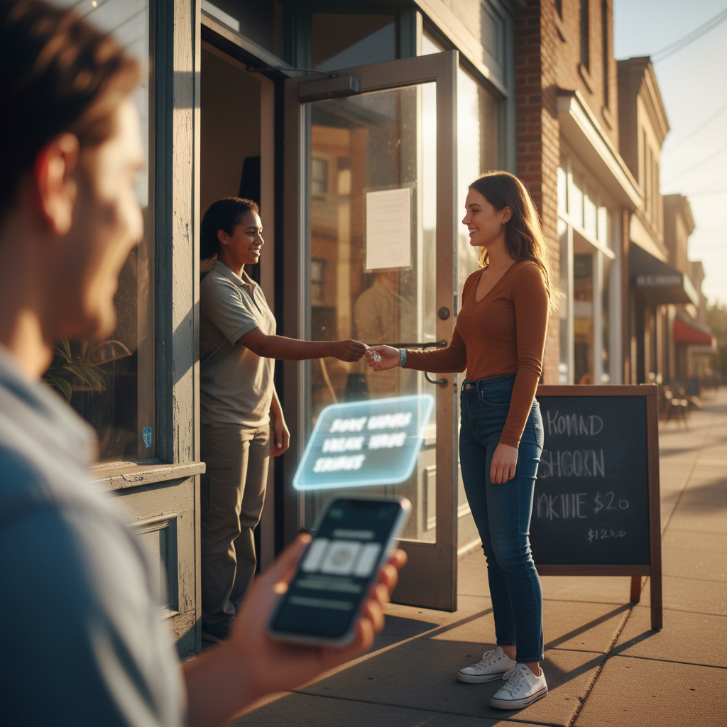 Neighborhood storefront welcome: customer with phone showing a glowing AI snippet while staff hands a trial wristband.