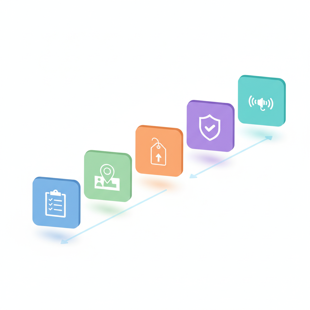 Isometric five-step flow showing clipboard, map pin, category tag, verification shield, and AI icon for GBP setup