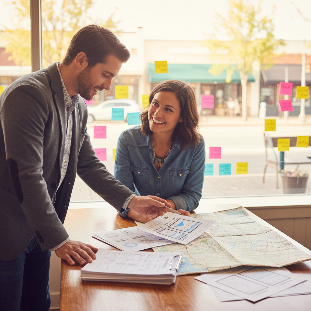 Marketing consultant pointing at printed checklist while shop owner reviews local landing page plan in storefront