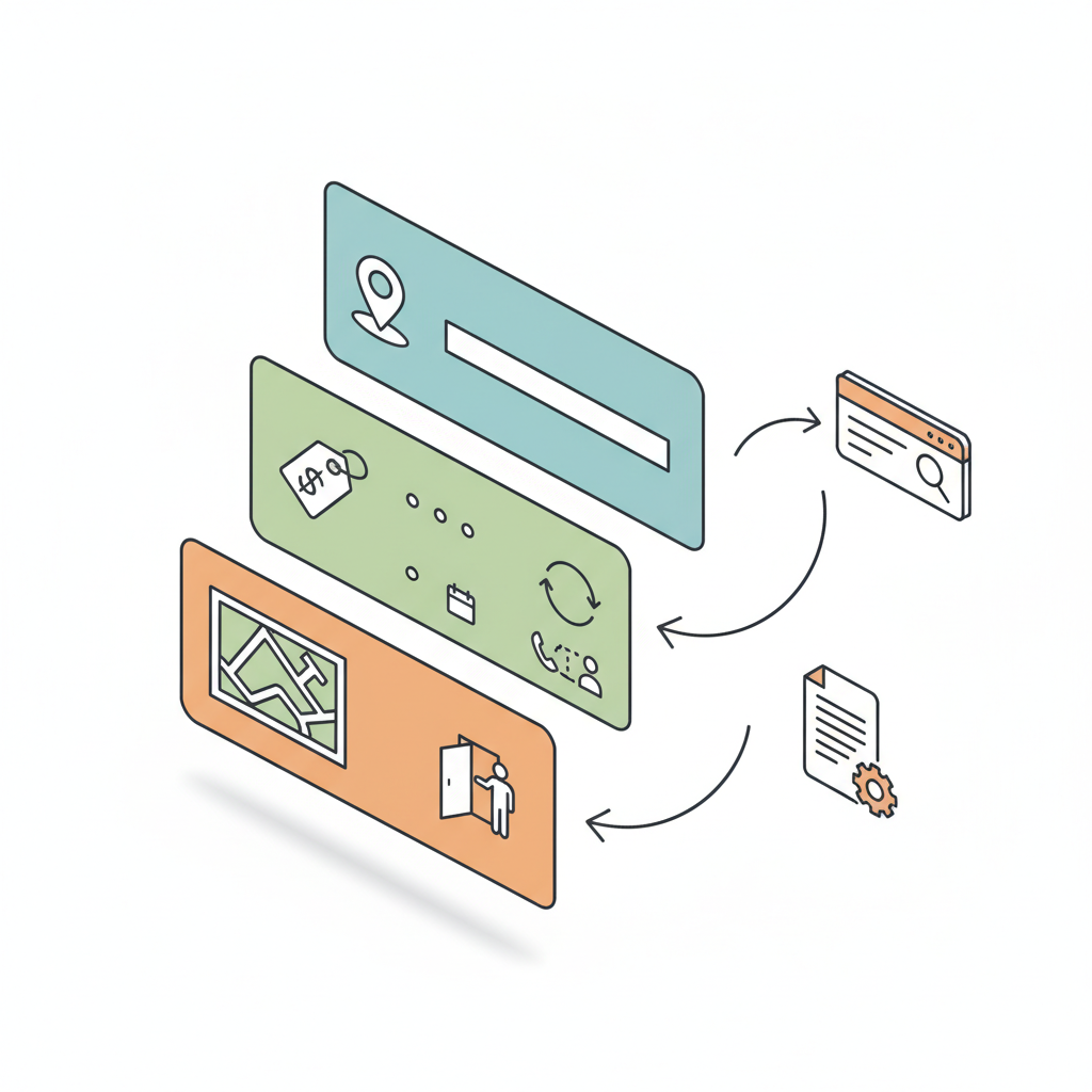 Isometric diagram of stacked pricing cards with icons for location, price tag, walk-in qualifiers and an arrow to search snip