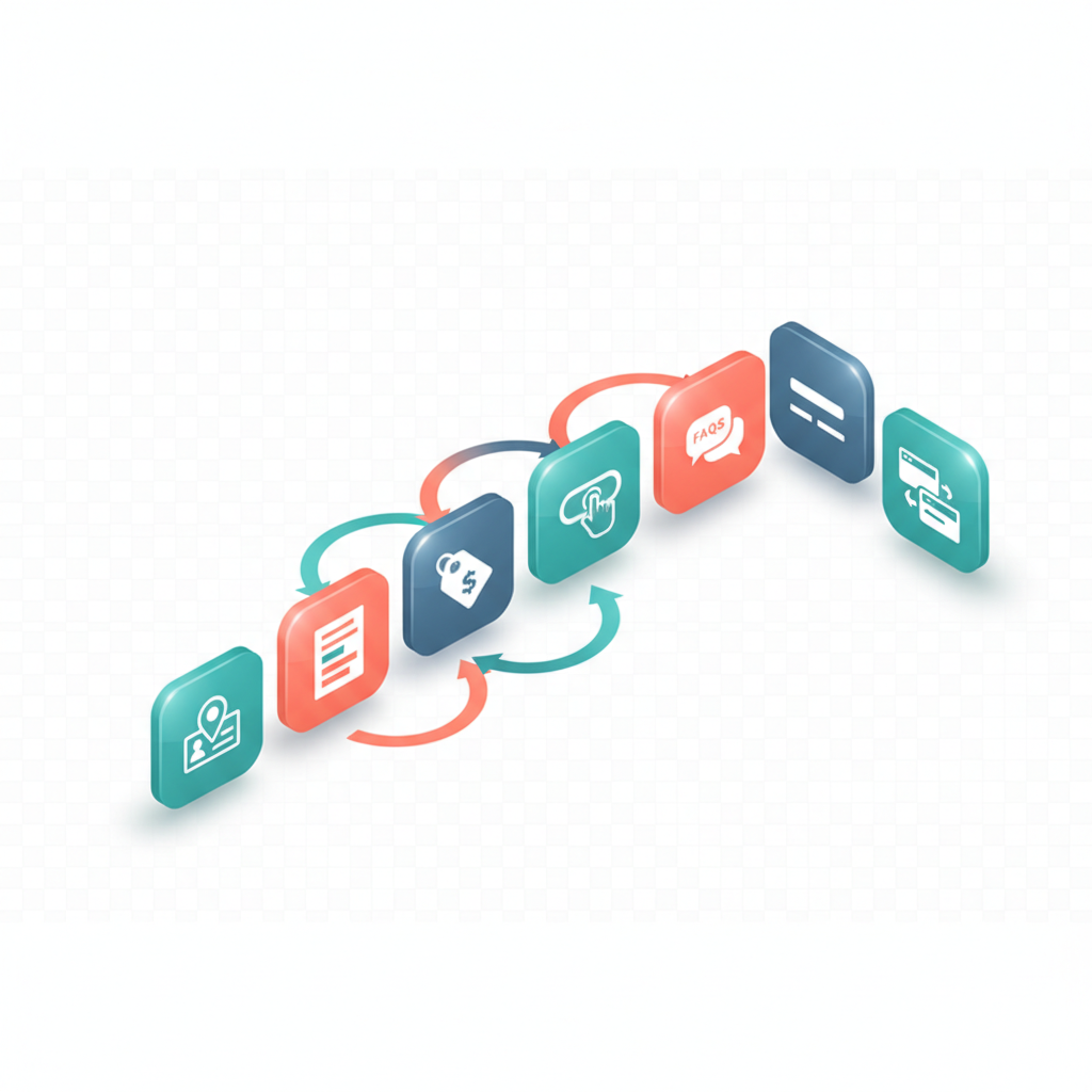 Isometric diagram of seven audit tiles showing map pin, structured-data doc, price tag, CTA tap, FAQ bubbles, headings, and l