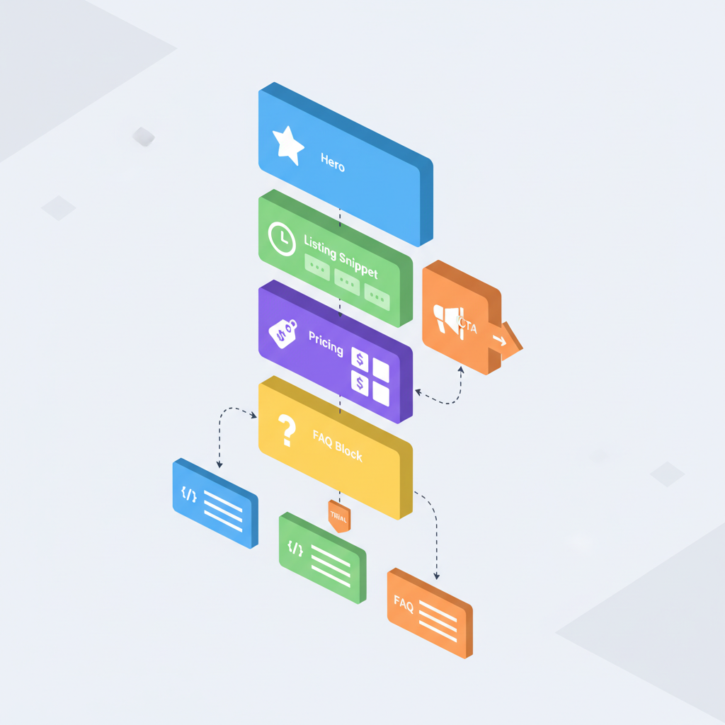 Isometric diagram mapping template cards into landing page blocks (hero, pricing, CTA, FAQ) with arrows