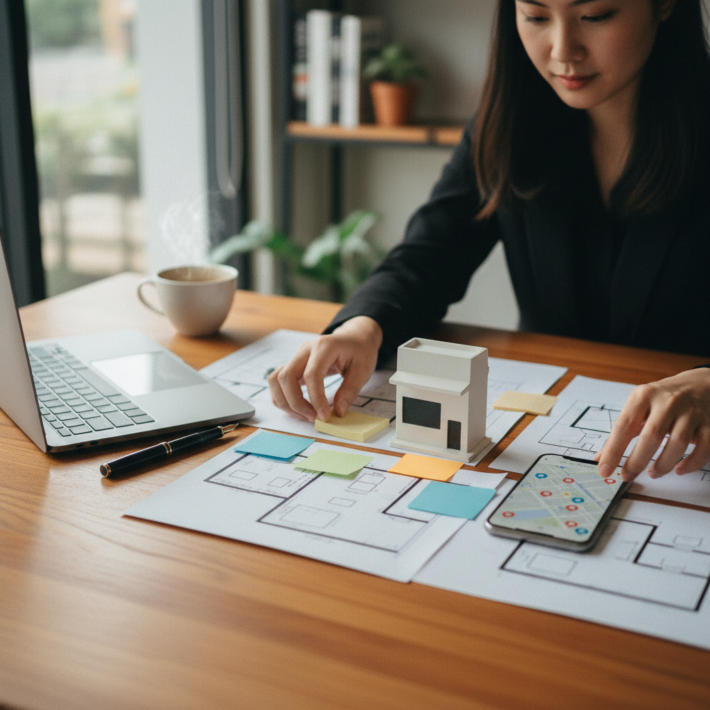 Marketer arranging colored notes and a small storefront model on a desk, preparing a local SEO checklist